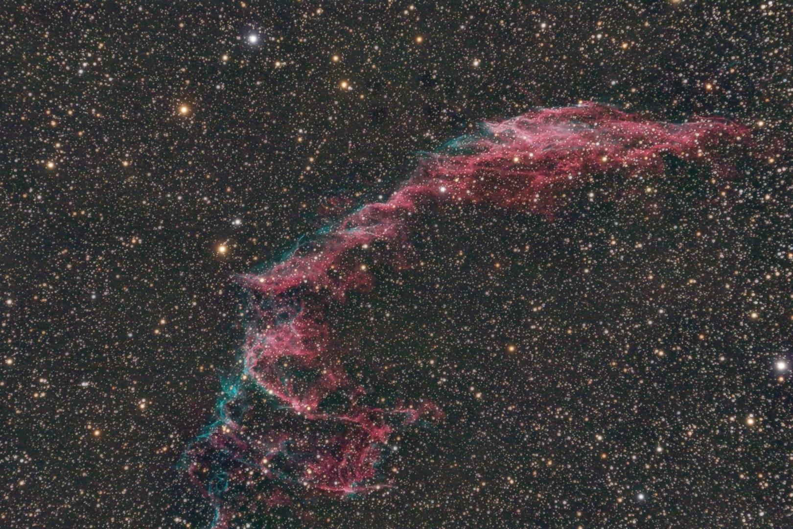 Nébuleuse du Voile photographiée depuis l'observatoire Astronarium, filaments de gaz rose et cyan sur fond d'étoiles